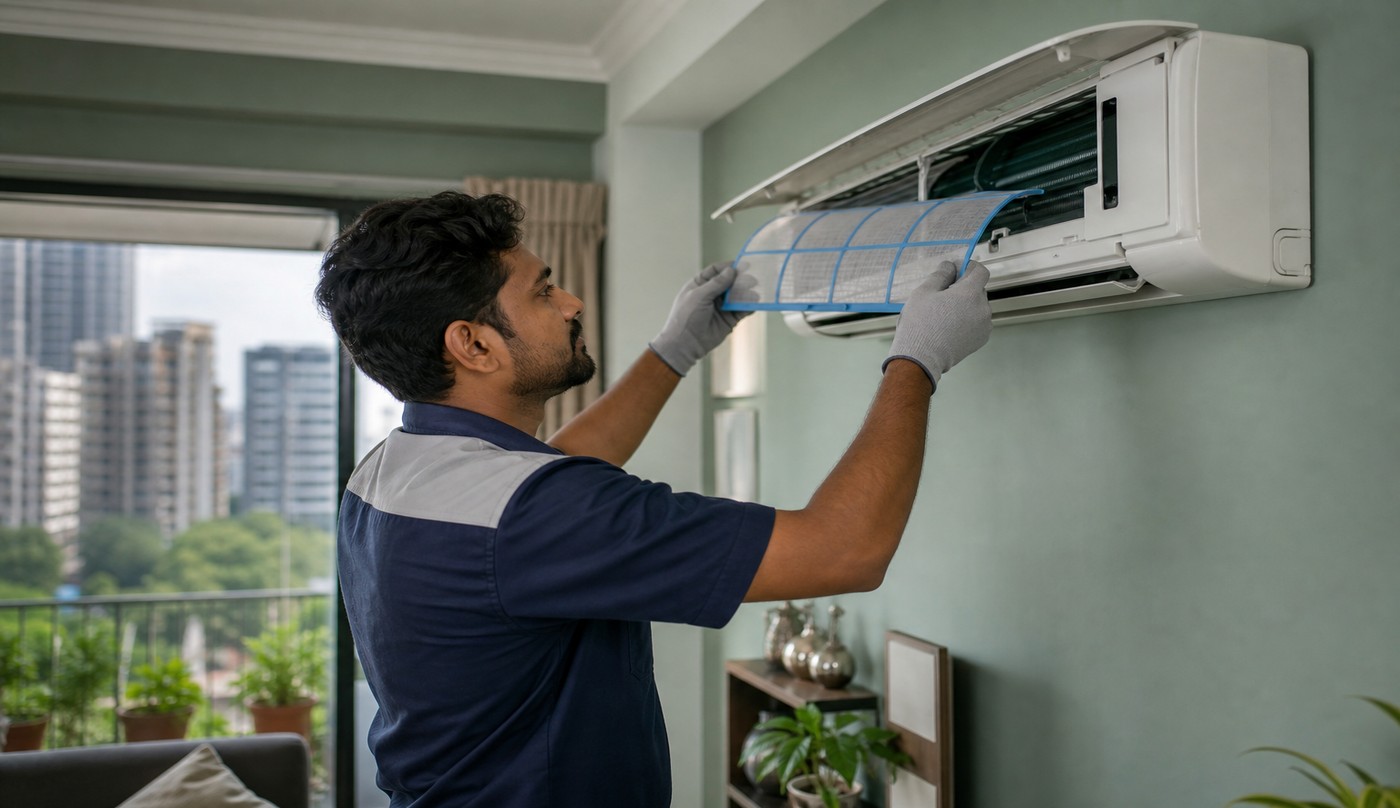 Technician repairing microwave