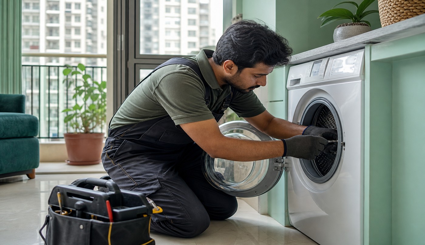 Technician repairing microwave